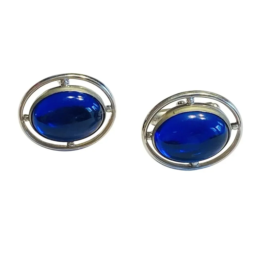 Vintage Anson Cufflinks Silvertone & Blue Jelly Belly Polished Stone Centers